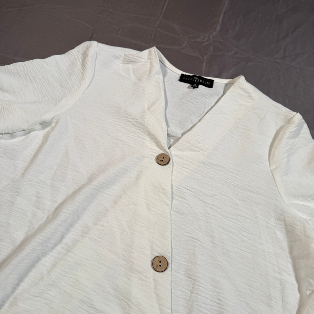 Fred David White Textured V-Neck Blouse Long Sleeve Button Front G2U058RM Mens M
